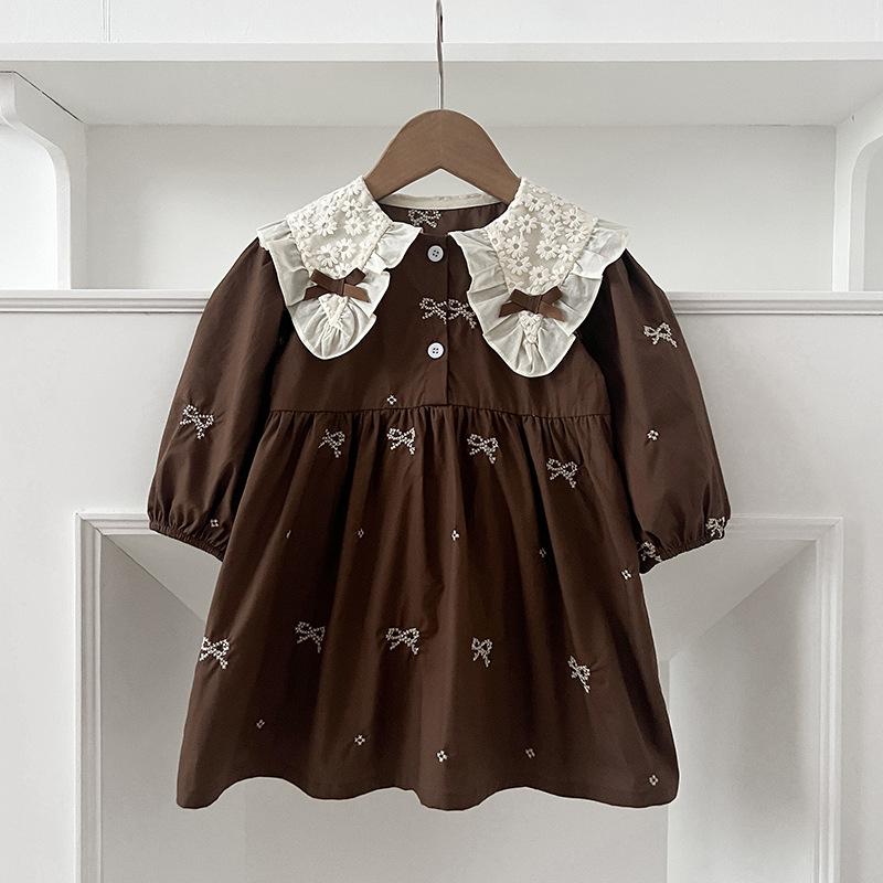Mädchen-Kleid im koreanischen Stil mit langen Ärmeln und Stickerei in Form einer Schleife für Frühling & Herbst