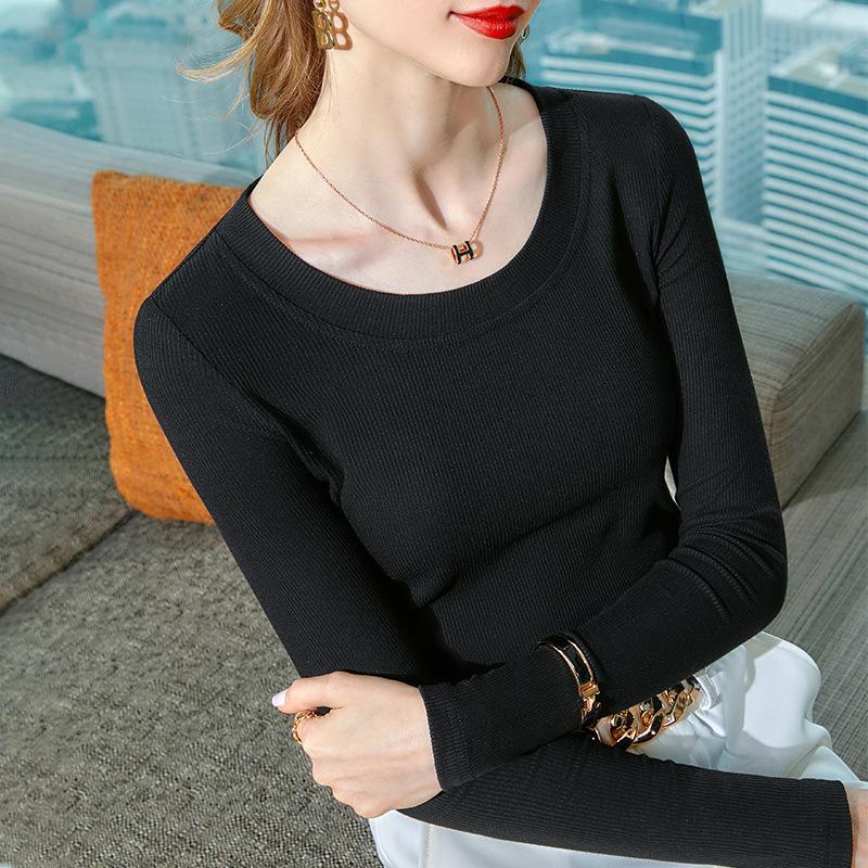 Long-sleeved Bottoming Shirt Women's 2025 Spring and Autumn Women's Clothing Wide-edge Round Neck Elastic T-shirt Solid Color Inner Waist Top Slim Fit