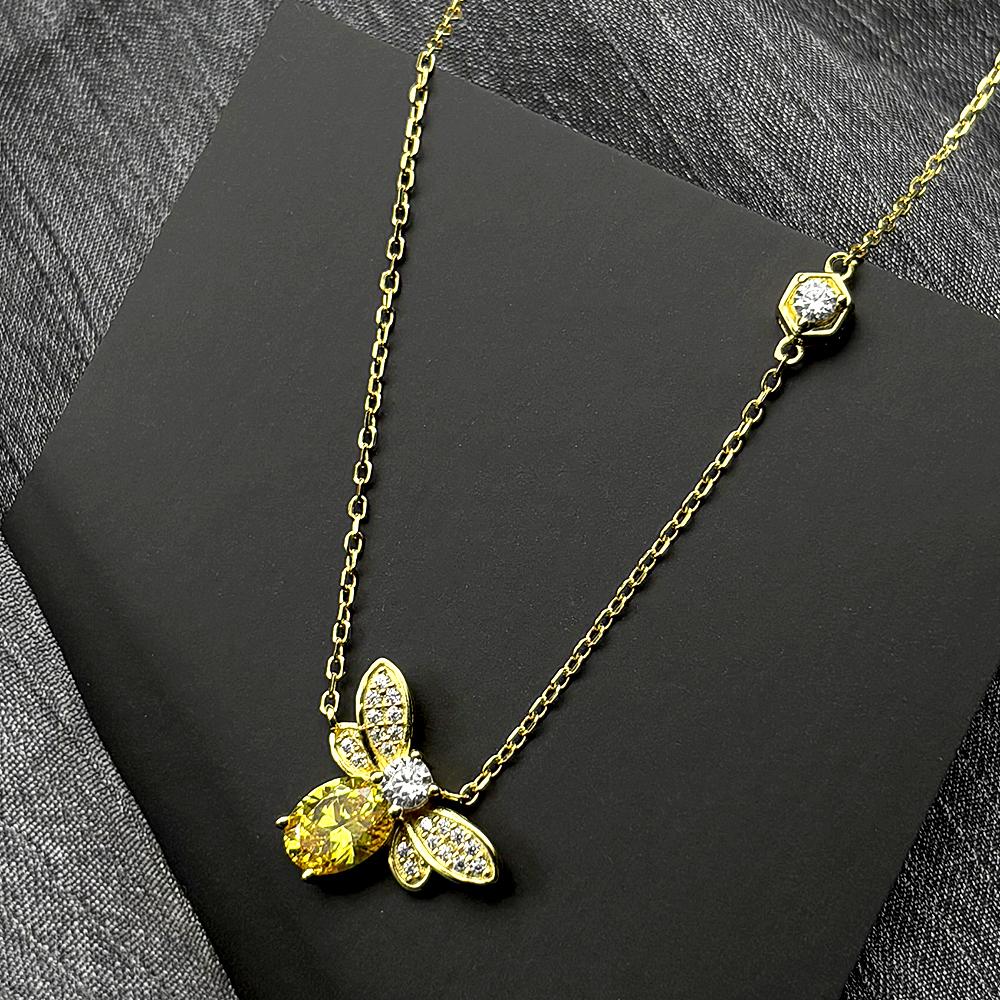 925 Sterling Silver Bee Yellow Full Zircons Pendant Necklace for Women Girl Gold Color Charms Choker Chain Statement Jewelry