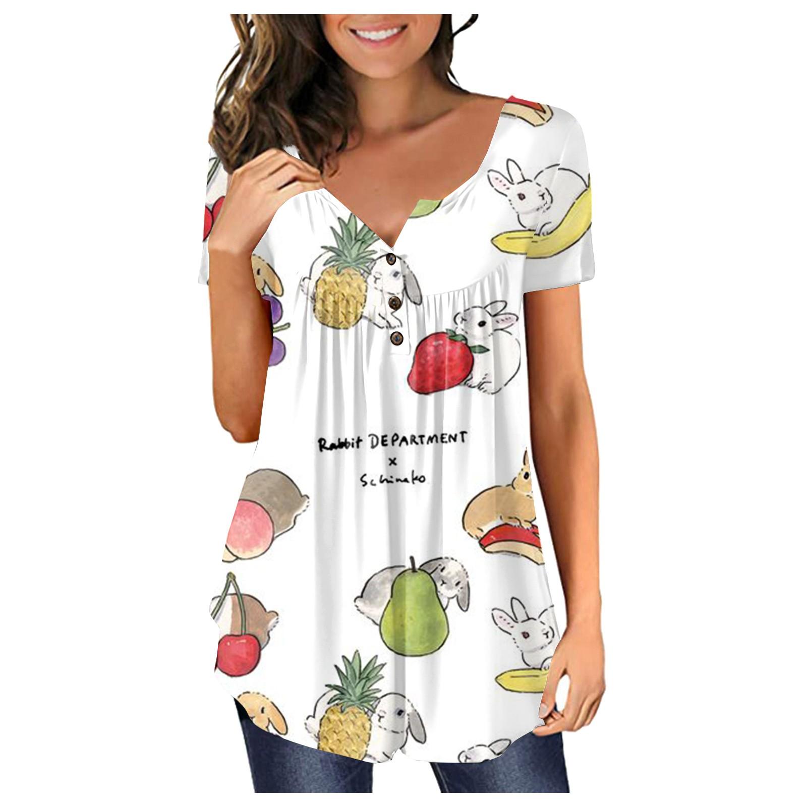 

Women s Easter Short Sleeve Tops Loose Tops Casual Oversized Tops Pleated Tops Button Tie Tops Women S білий