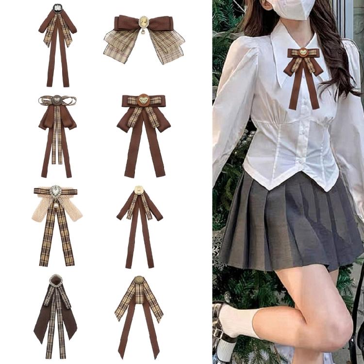 Vintage Brown Plaids Ribbon Pre Tied Bowtie Brooch Pin Women Corsage Shirt Jabot Collar Uniform Bowknot Necktie Clip