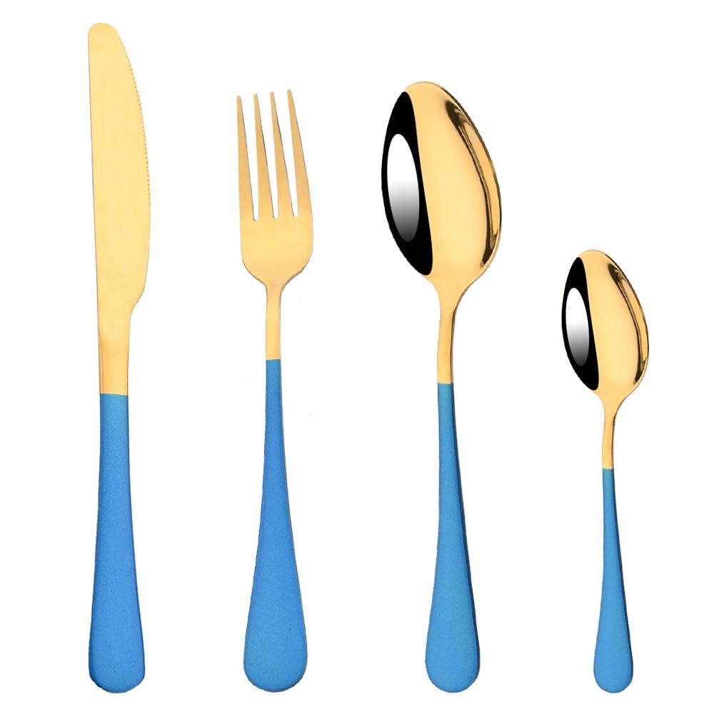 4Pcs Blue Gold Western Dinnerware Cutlery Set Dinner Flatware Knife Fork Spoon Stainless Steel Silverware Home Tableware Set