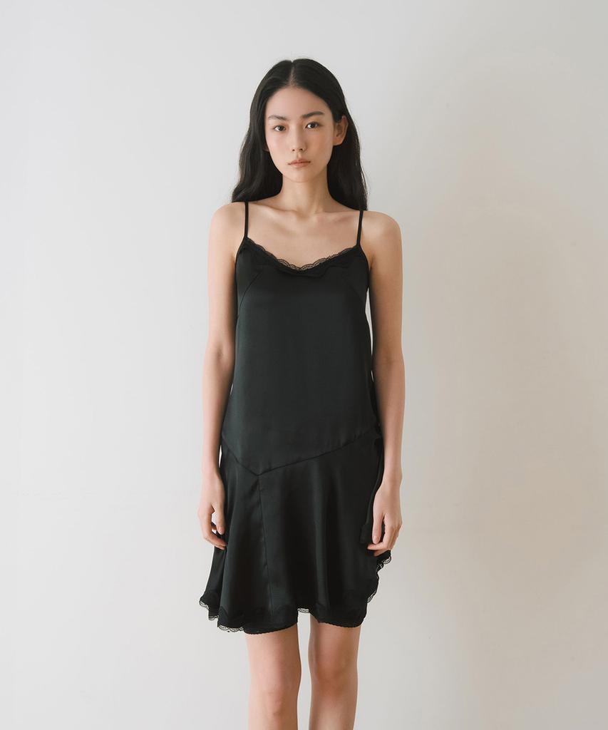 Ieoning Lace Shirring Slip Mini Dress, Black