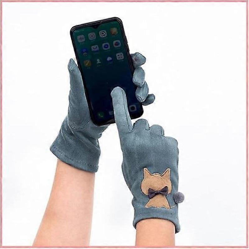 Suede Dust Mittens with Embroidered Cat Motifs, Touch Screen Gloves for Women, Warm and Velvety Cartoon Cat Finger Gloves, Black