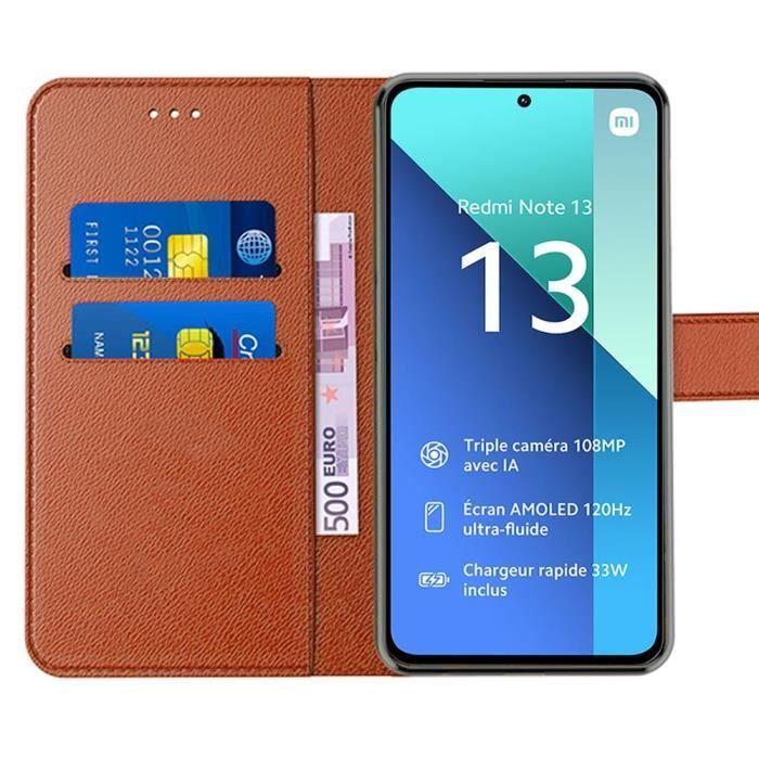 Coque pour xiaomi redmi note 13 4g - marron - protection antichoc - etui pliable en cuir pu - support intégré