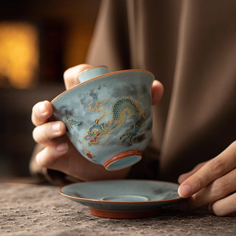 Professional Ru Kiln Ceramic Gaiwan Set with Crackle Glaze 3 Piece Chinese Teaware for Gongfu Tea Ceremony Home Use