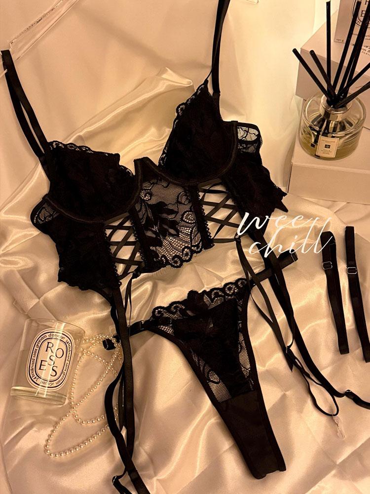 Women Transparent Bra And Panty Garter Underwear Set Hot Erotic Sexy Costumes Underwear Open Bra Thong Sexy Lingerie Sets