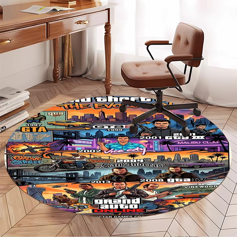 Grand Theft Auto VI Pattern Round Rug, Indoor/Outdoor Mat, for Picnic, Gameroom, Bedroom, Office, Living Room, Home Decor Carpet, Birthday Gift