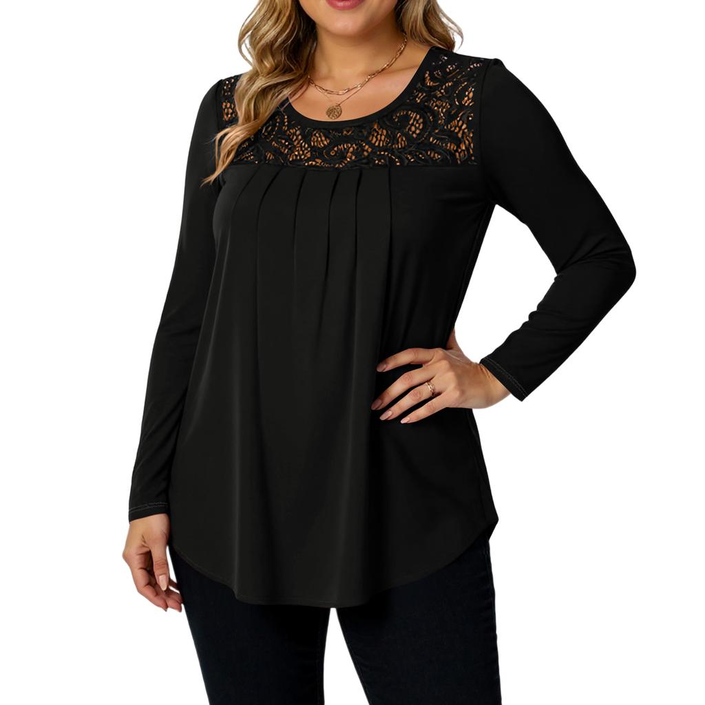 Ladies' Casual And Fashionable Round Neck Collar Lace Long Sleeved Solid Color T-shirt Plus Size Top
