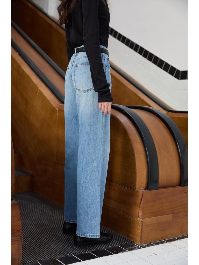 Yang Shulin Retro Snowflake Blue Jeans: Hong Kong Style Loose Slimming Flare Pants for Spring and Autumn.