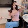 Women Summer Knitted T-shirt Tops Square Collar Short-sleeved Slim Ruffled Ice Silk Outer Wear Short Solid