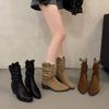 2026 Autumn New Knight Boots Retro Mid Barrel Stacked Boots Western Thin Boots Women's Coarse Heel Short Boots