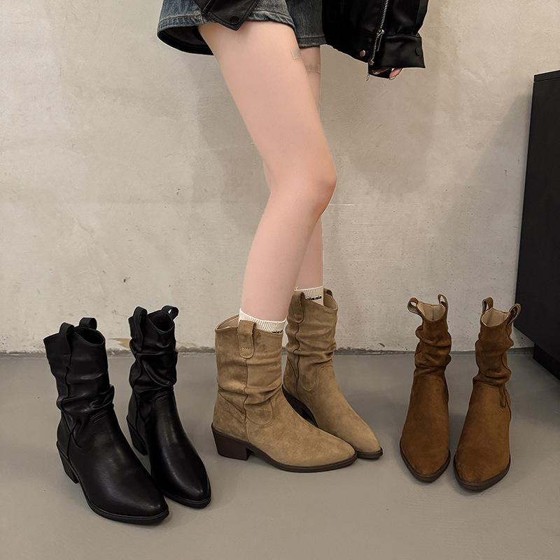 2026 Autumn New Knight Boots Retro Mid Barrel Stacked Boots Western Thin Boots Women's Coarse Heel Short Boots