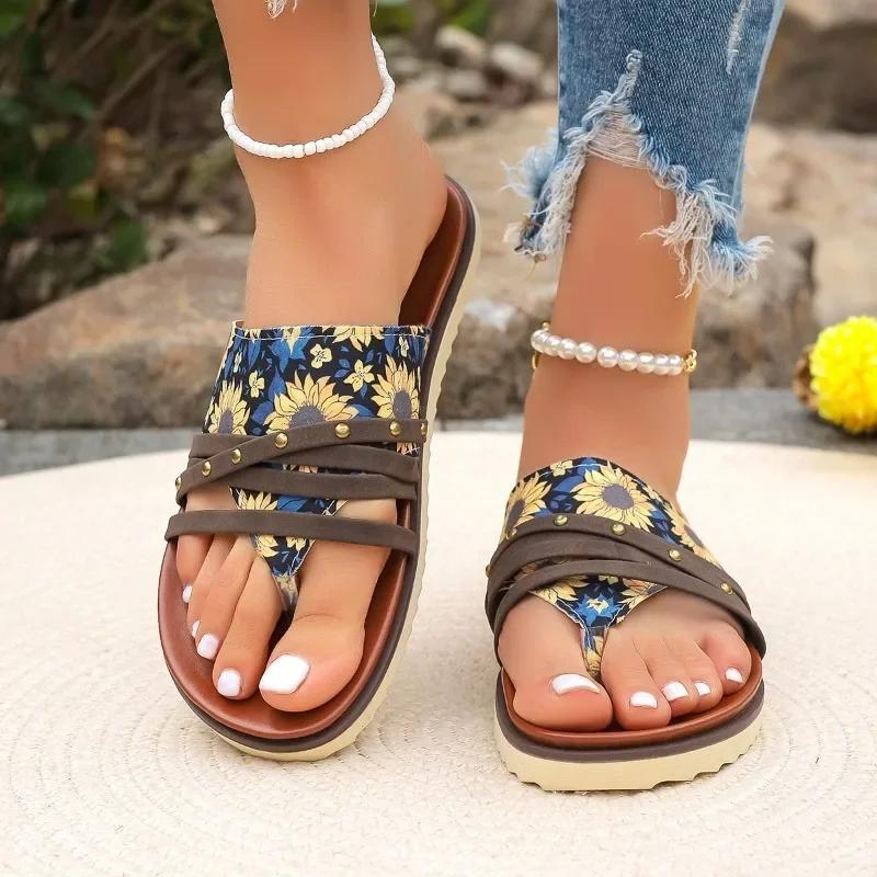 Women's Shoes New Promotion Flip-Toe Women's Slippers Summer Roman Mixed Color Outdoor Leisure Beach Flat Large Size Slippers