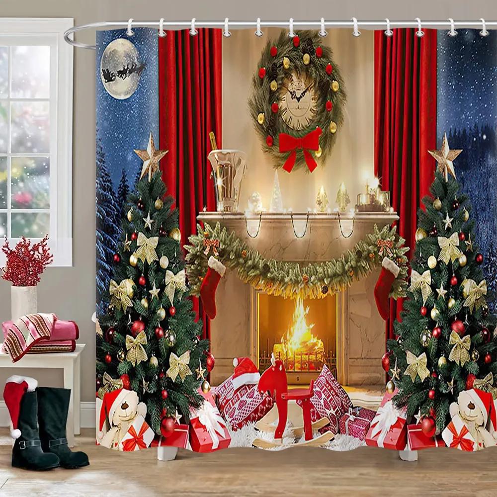 Christmas Backdrop Shower Curtain Holiday Gifts Fireplace Christmas Tree Garland Fabric Bath Curtains Bathroom Decor With Hooks