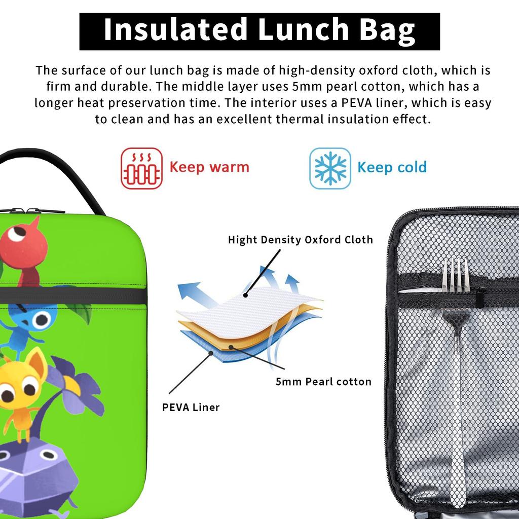 Pikmins 4 Insulated Lunch Bag Portable Video Game Lunch Container Cooler Bag Tote Lunch Box Beach Picnic Men Women