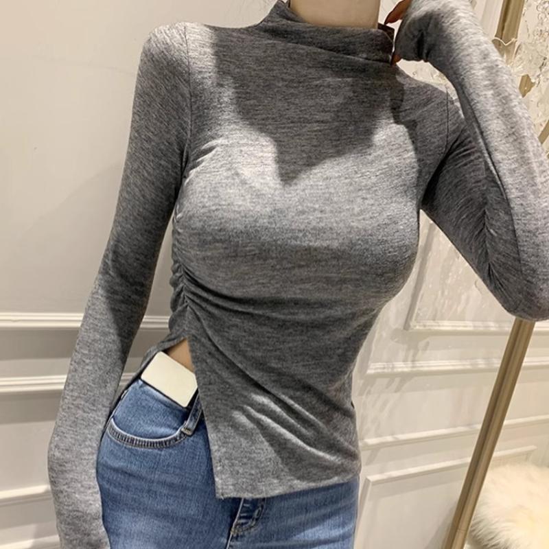 

Весенняя новинка, полувысокий воротник, плиссированная облегающая футболка, женские топы, осенняя повседневная футболка с длинным рукавом для женщин, модная однотонная женская базовая футболка 26010 One Size серый