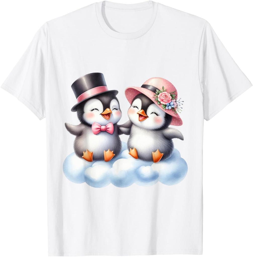 Süßes Pinguin-Paar auf Wolke Grafik-T-Shirt Entzückendes Valentinstagsgeschenk T-Shirt Unisex Tägliche Kleidung