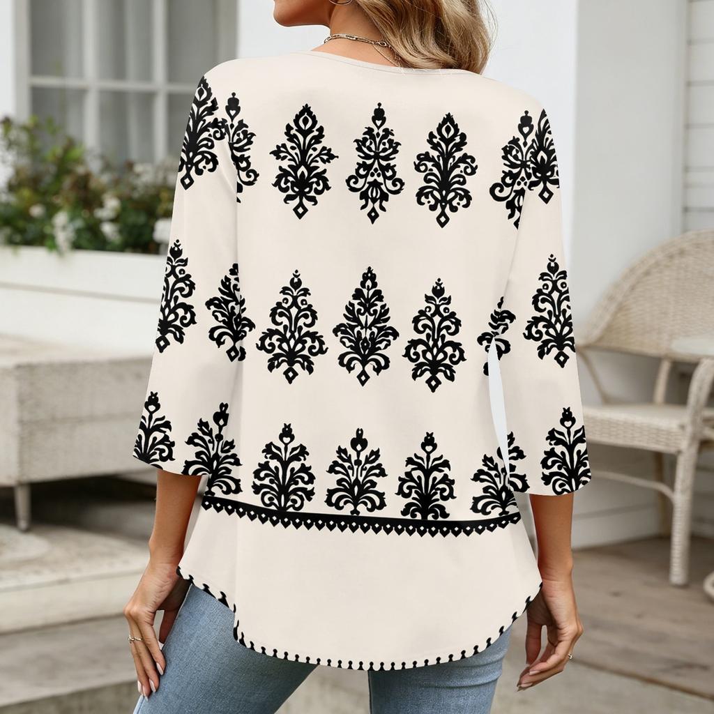 Womens 3/4 Sleeve V Neck Button Detail Geometric Floral Print Tunic Top Casual Lightweight Blouse