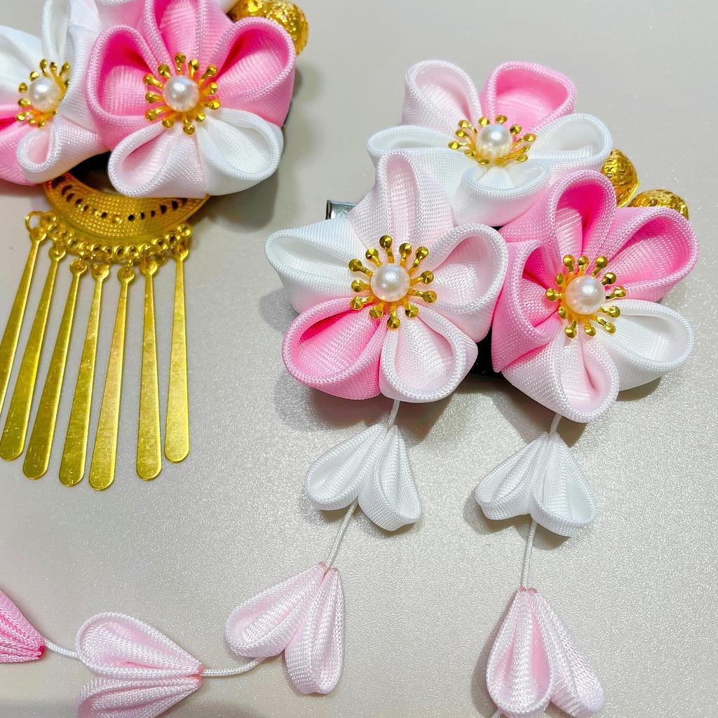 Pink and White Hair Ornament with Gold Perfect for Japanese and Dried Flower Tsumami-Zaiku Baby's Breath, Graduation, Clothing, Shichi-Go-San,