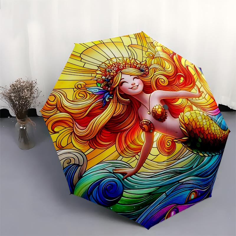 1pc Stained Glass Mermaid Auto-Folding Umbrella - Portable 3-Fold Design with 8-Bone Iron Frame, Perfect for Outdoor Use, Festive Gifts, Travel, Daily