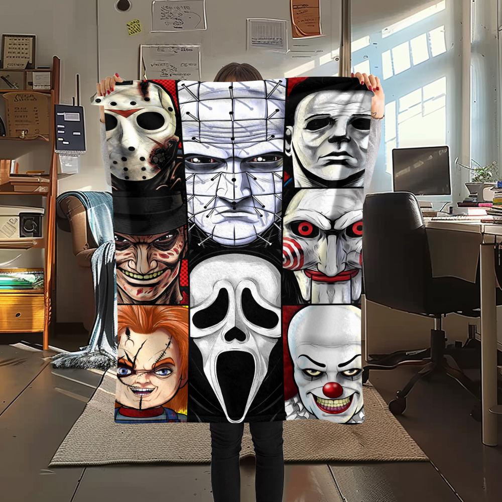 1 szt. Koc flanelowy z nadrukiem z filmu grozy, Wysokiej jakości, Wygodny na wszystkie pory roku, Wystrój domu, Ciepło i komfort, Idealny na prezenty świąteczne