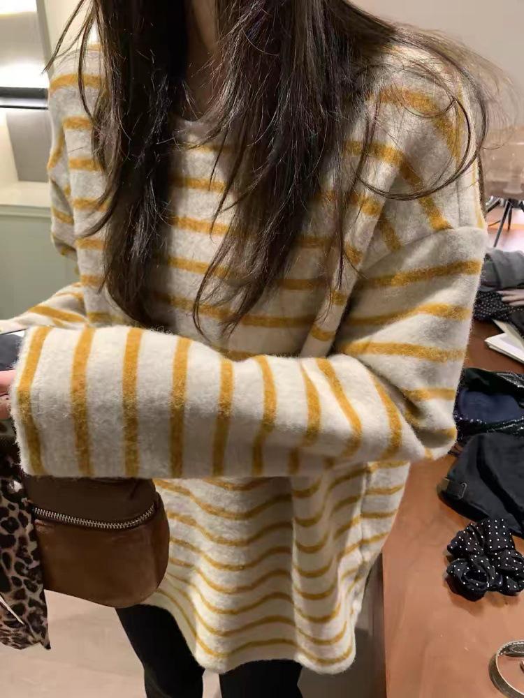 European Style 100% Pure Wool Striped Cashmere Sweater for Women - Autumn/Winter Collection