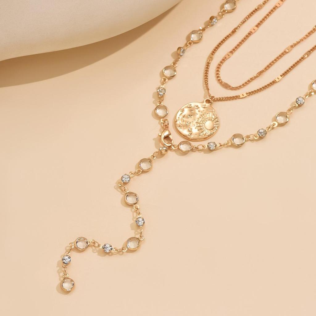 European and American Rhinestone Y-Necklace with Gold Coin Pendant and Clavicle Chain