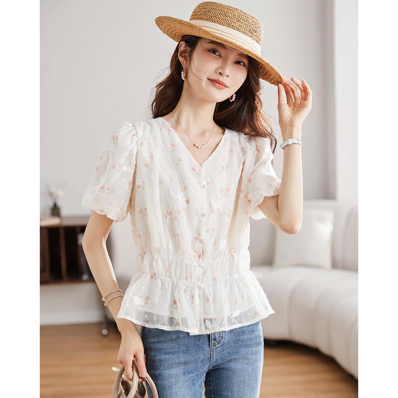 TERRE BLEUE Women s Loose Short-Sleeve Casual Shirt M