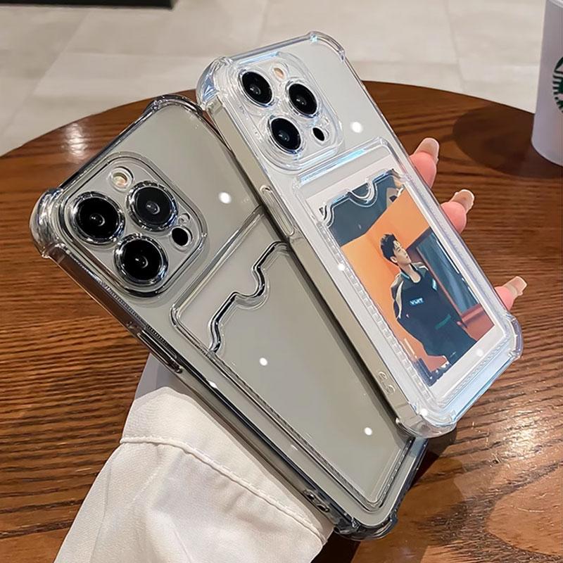 Transparent Card Wallet Slot Bag Holder Case For iPhone 16 15 14 13 12 11 Pro Max Mini X XR 7 8 Plus Clear Shockproof Soft Cover
