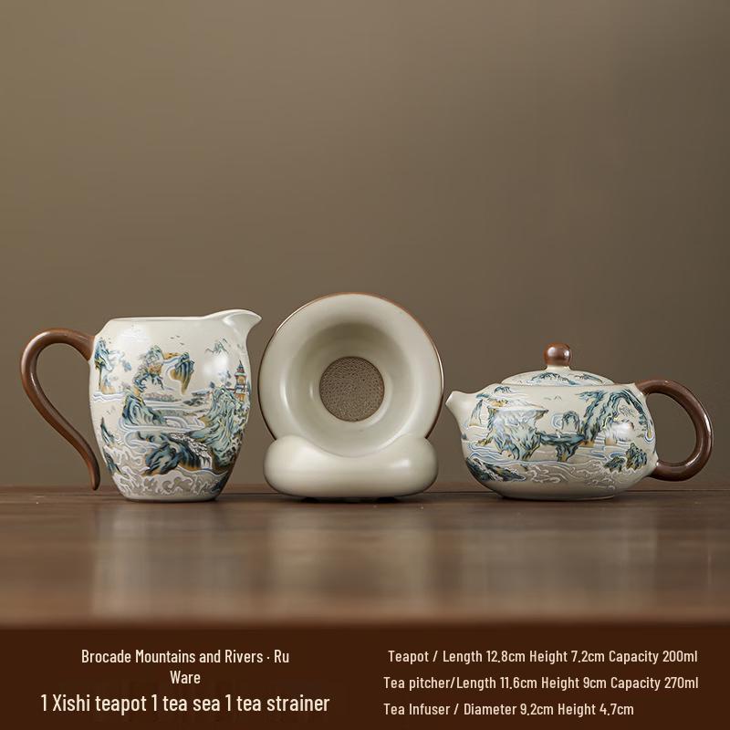 Splendid Landscape Ru Kiln Teapot & 4 Cups Set