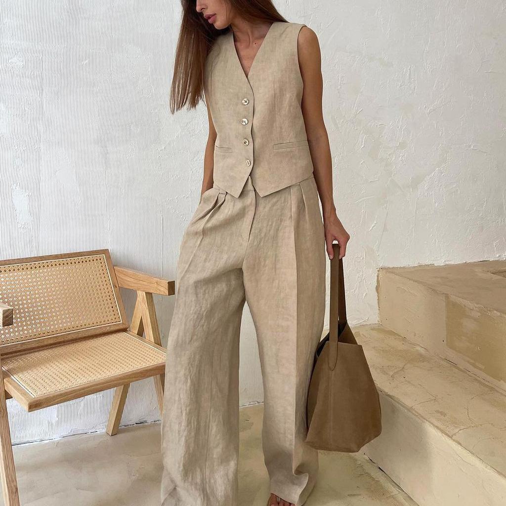 Women's Two-piece Vest Sleeveless Shirt High Waist Drawstring Pant Large Size Set Fashion Suits