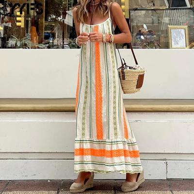 Abiti casual da donna moda estate primavera stampa a righe senza maniche scollo a U vita ampia