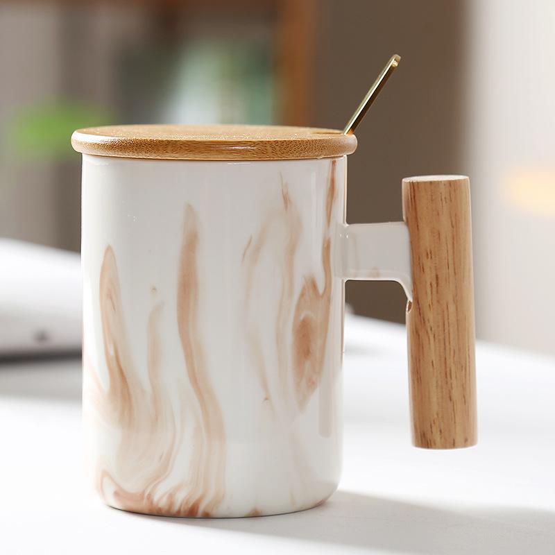 Nordic Style Marble Pattern Coffee Mug Ceramic Mug With Wooden Handle And Lid Water Cup For Home Office 301-400ml коричневый