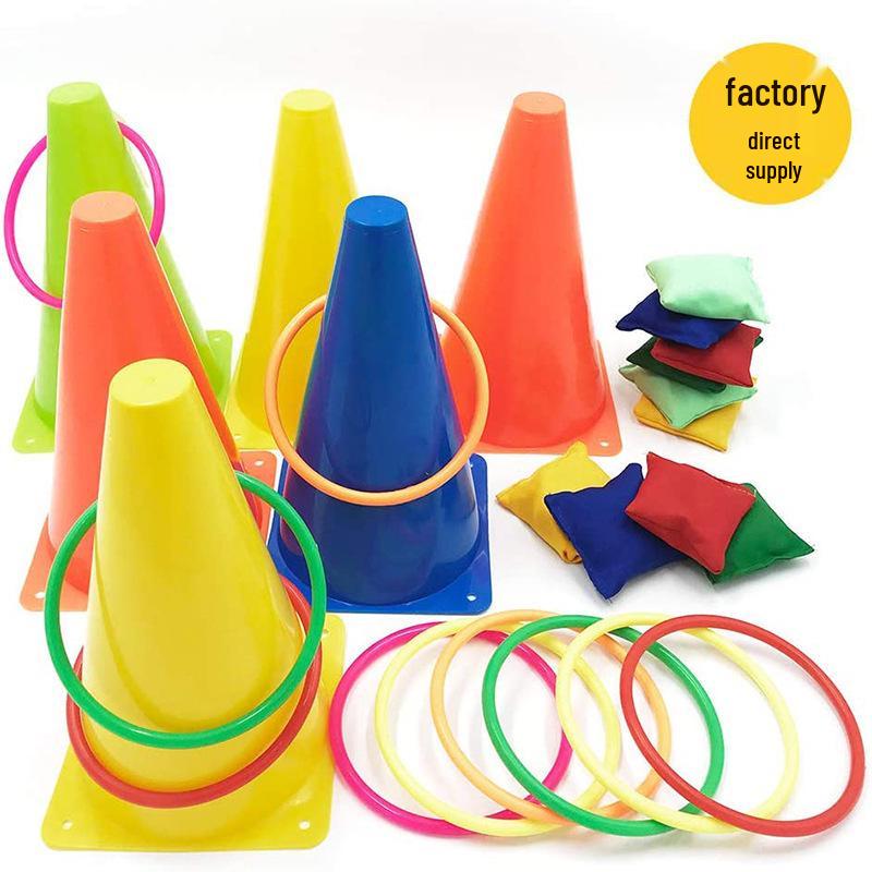 Ring Toss Sensory Training Set: Plastic Rings, Obstacle Barrels & Ice Cream Cone Rings for Outdoor Play