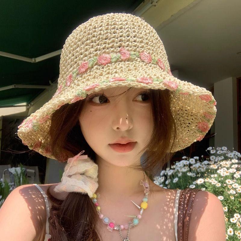 Summer Woven Grass Hat for Women Beach Vacation Small Flower Sun Fisherman Grass Hat