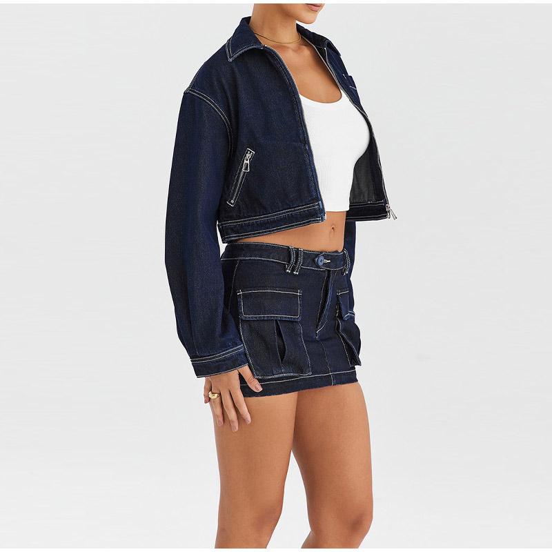 Women Denim Jackets Turn Down Collar Zippers Coats 2025 Spring Long Sleeve Basics Pockets Washing Solid Color Slim Outerwear