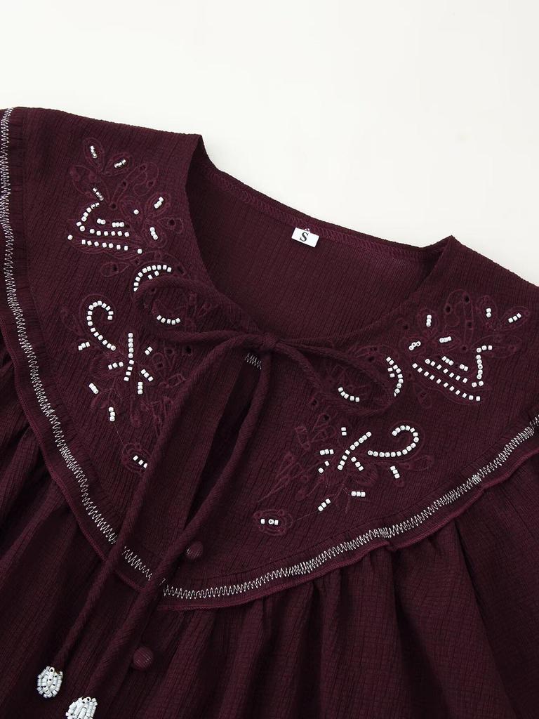 Autumn 2025 Women's V-Neck Tassel Lace-Up Bohemian Embroidered Shirt