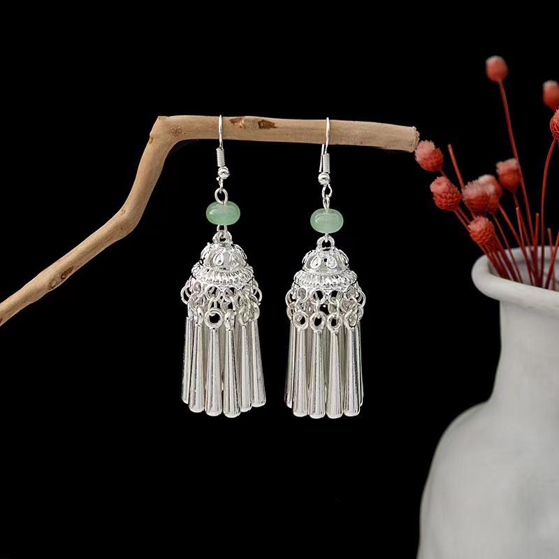 Ethnic Miao Silver Leaf Tassel Dangle Earrings - 2025 Style