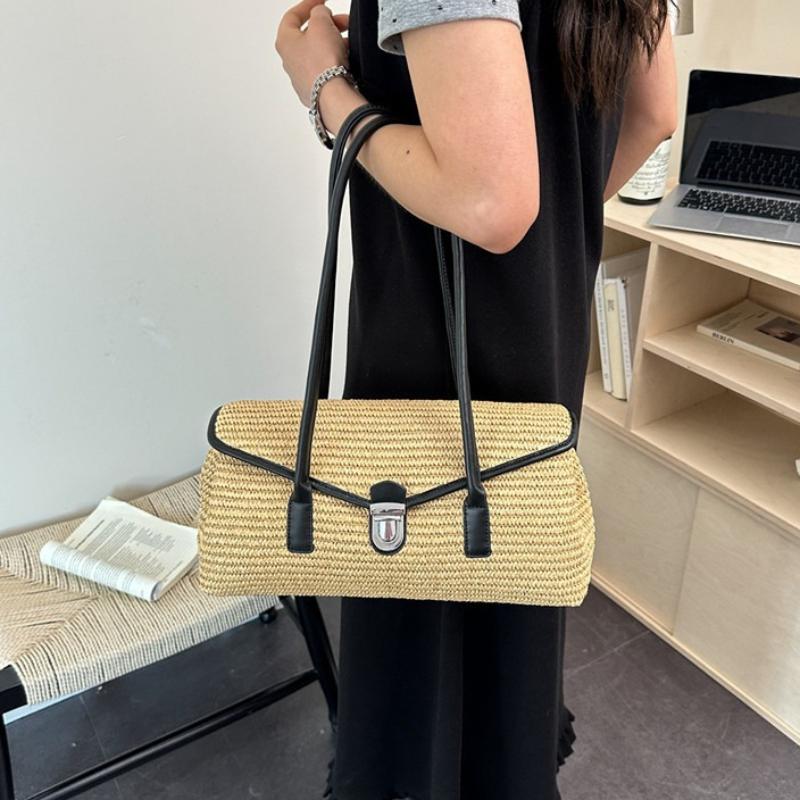 Advanced Straw Woven Women Shoulder Bag New Fashion Retro Straw Woven Saddle Bag Large Capacity Vacation Style Tote Bag Handbag