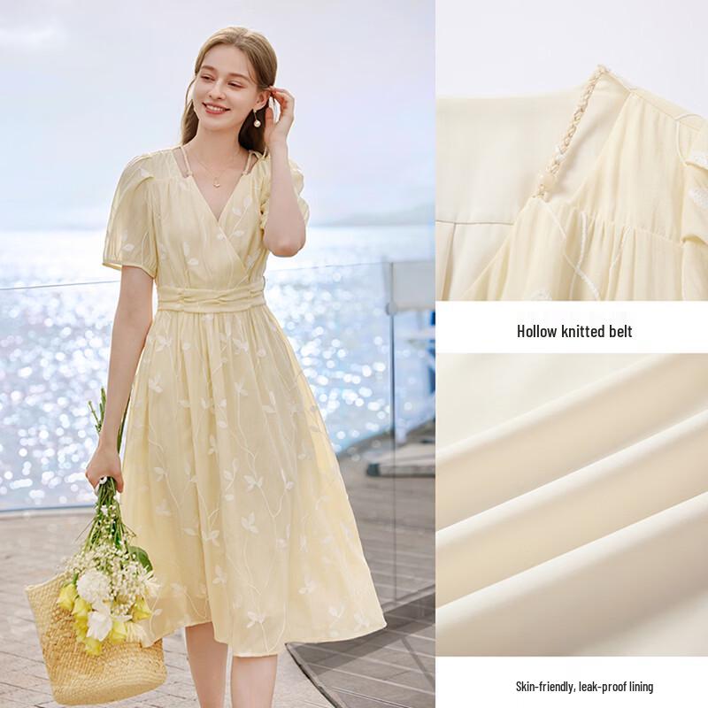 Women's Yellow Floral V-Neck Midi Dress