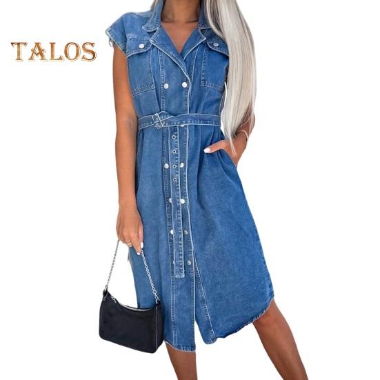 

Женское джинсовое платье-рубашка без рукавов с пуговицами на лацканах, джинсовое платье, повседневное летнее платье А-силуэта с завязкой на талии для работы, офиса, вечеринки XL синий