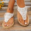 Women Floral Embellished Toe Loop Sandals Elastic Back Strap Flat Sole Comfortable Casual Footwear for Summer Beach Outdoor