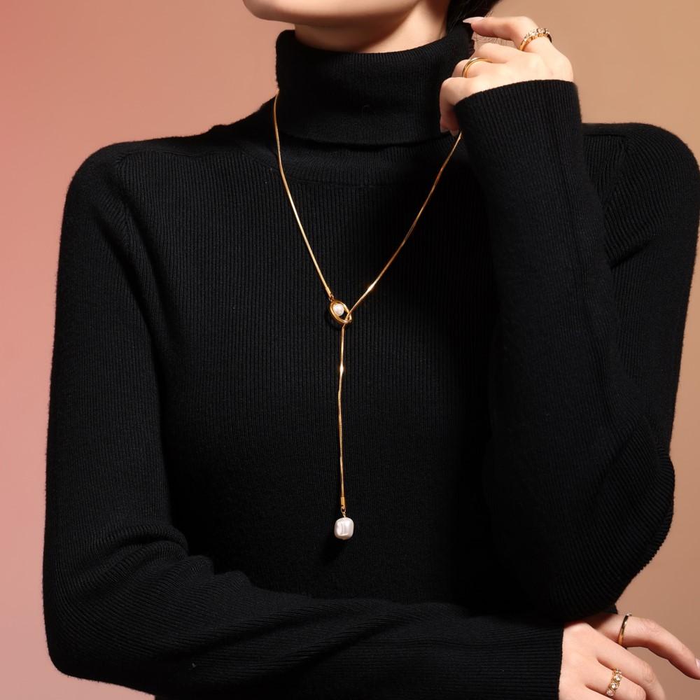 Adjustable Long Necklace For Women 18k Gold Plated Waterproof No Tarnish Women's Stainless Steel Sweater Chain Necklaces