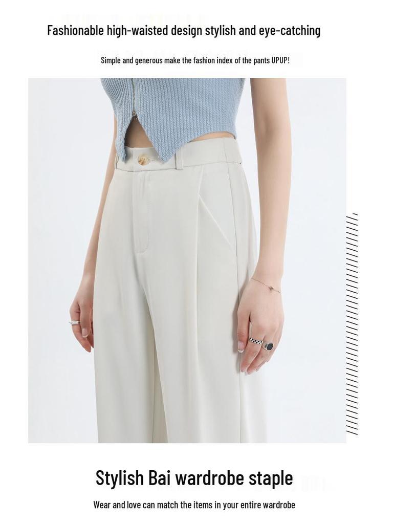 Women's Gray High-Waist Wide-Leg Pants: Spring/Autumn Slimming, Elegant Drape, Floor-Length, Straight-Leg