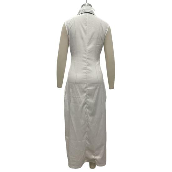 Ärmelloses Damenkleid Stehkragen V-Ausschnitt Langes Kleid Lockere Passform Polyester Elegantes Kleid mit geometrischen Mustern Bedruckt Tägliches Outfit
