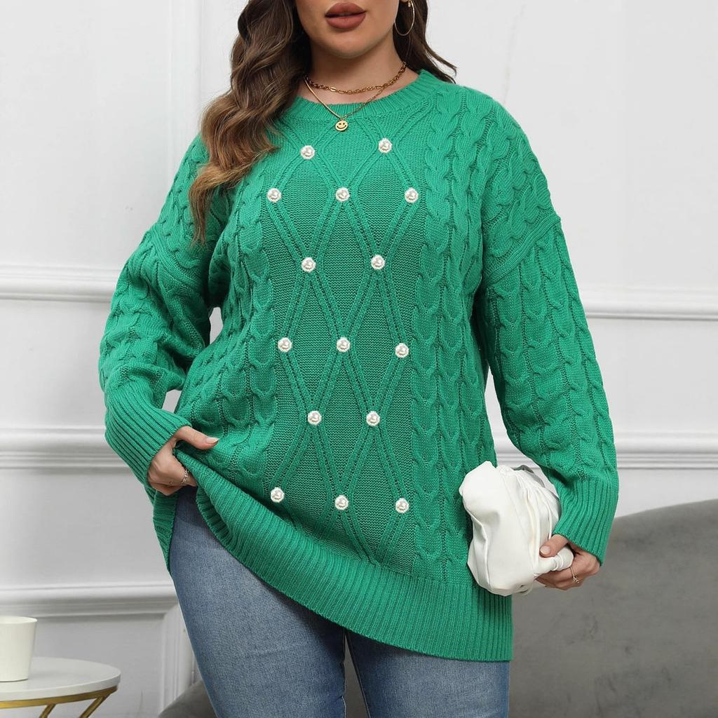 Women's Plus-Size Sweater Beaded Crew Neck Loose Oversized Sweater Knit Pullover Top Autumn/Winter