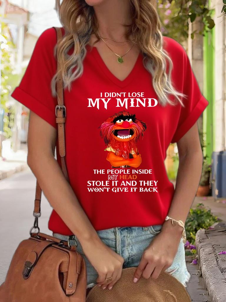 Women's V-Neck "I Didn't Lose My Mind" Graphic Tee, Funny Cartoon Print T-Shirt, Casual Short Sleeve Humor Top