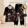 Women Plus Size Skull Printed Notch Neck Half Sleeve Top Cross Hem Pants Two Piece Set
