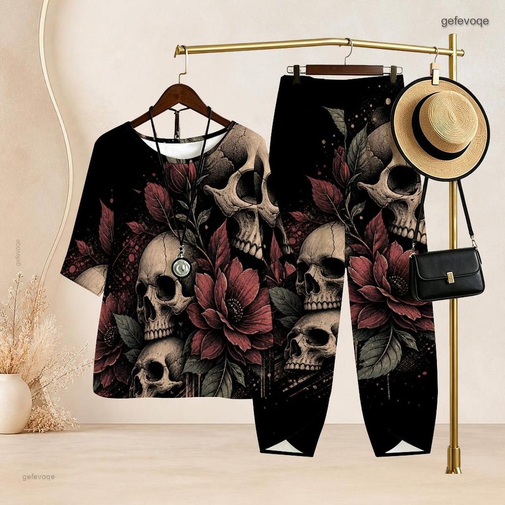 Women Plus Size Skull Printed Notch Neck Half Sleeve Top Cross Hem Pants Two Piece Set